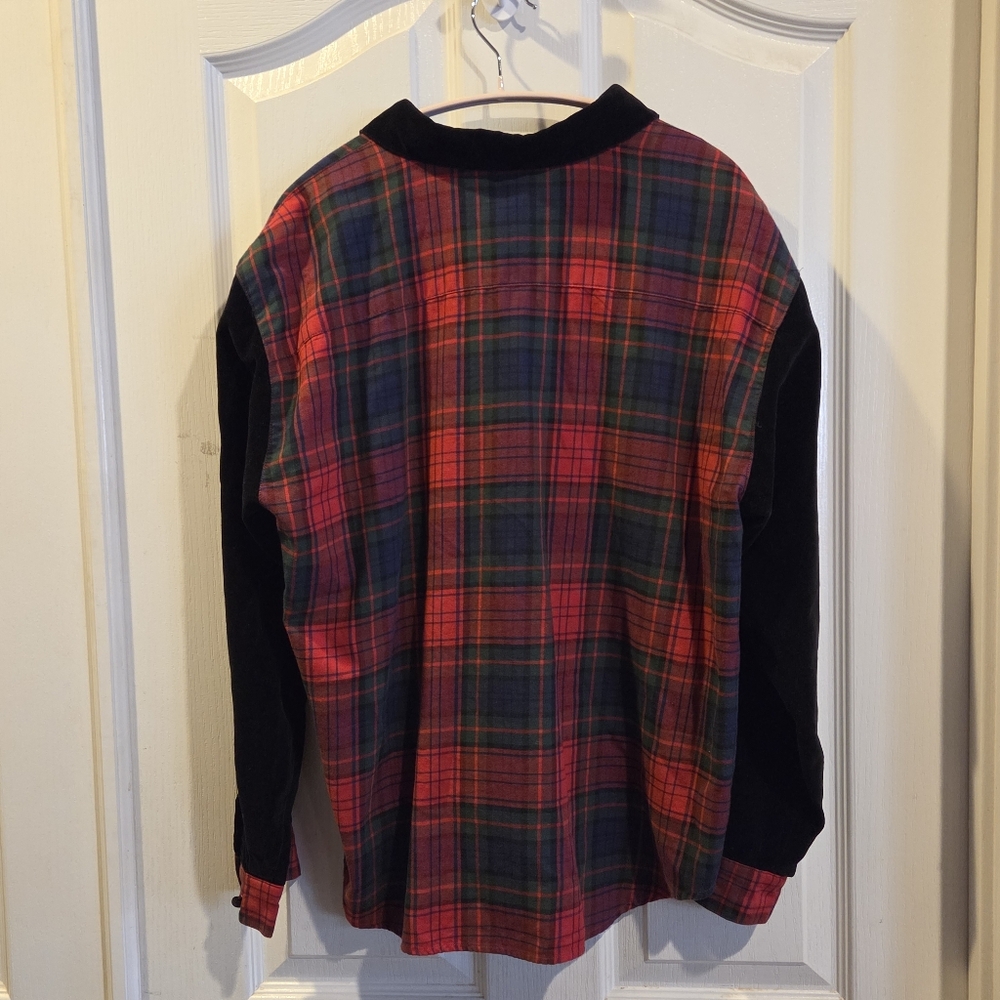 Talbots Top Red Green Tartan Plaid Shirt Velvet Collar Sleeves Petites Large - Picture 6 of 8